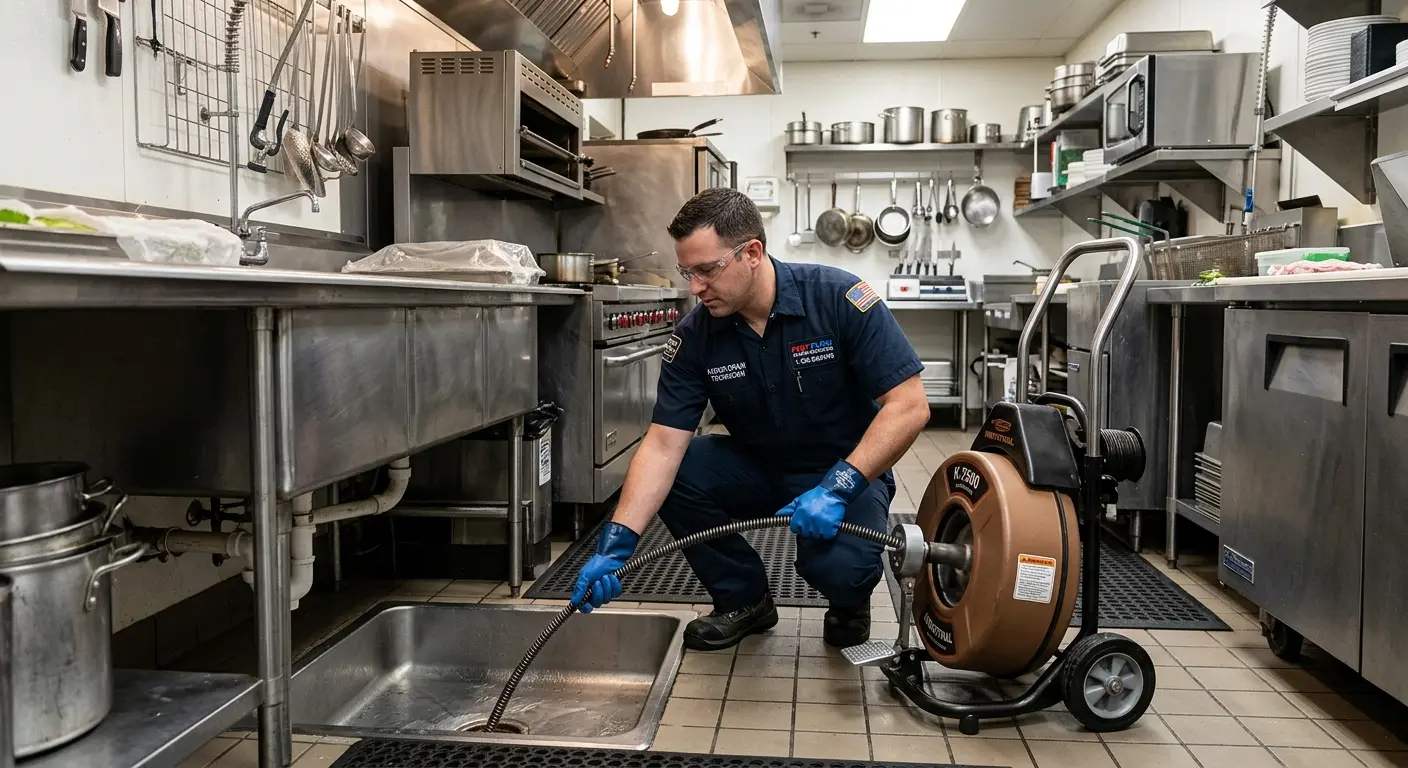 Commercial drain cleaning service in a restaurant kitchen in Larchmont