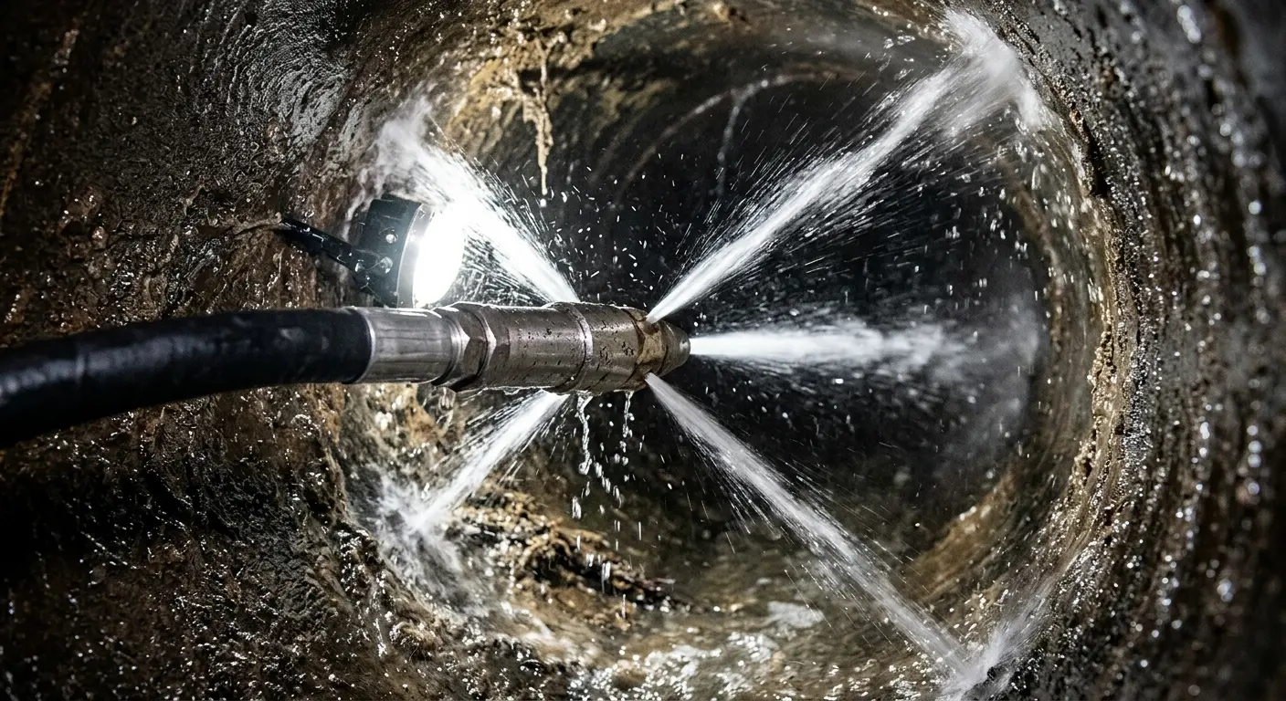 High-pressure hydro jetting nozzle cleaning sewer pipe for Storm Drain Cleaning in Larchmont