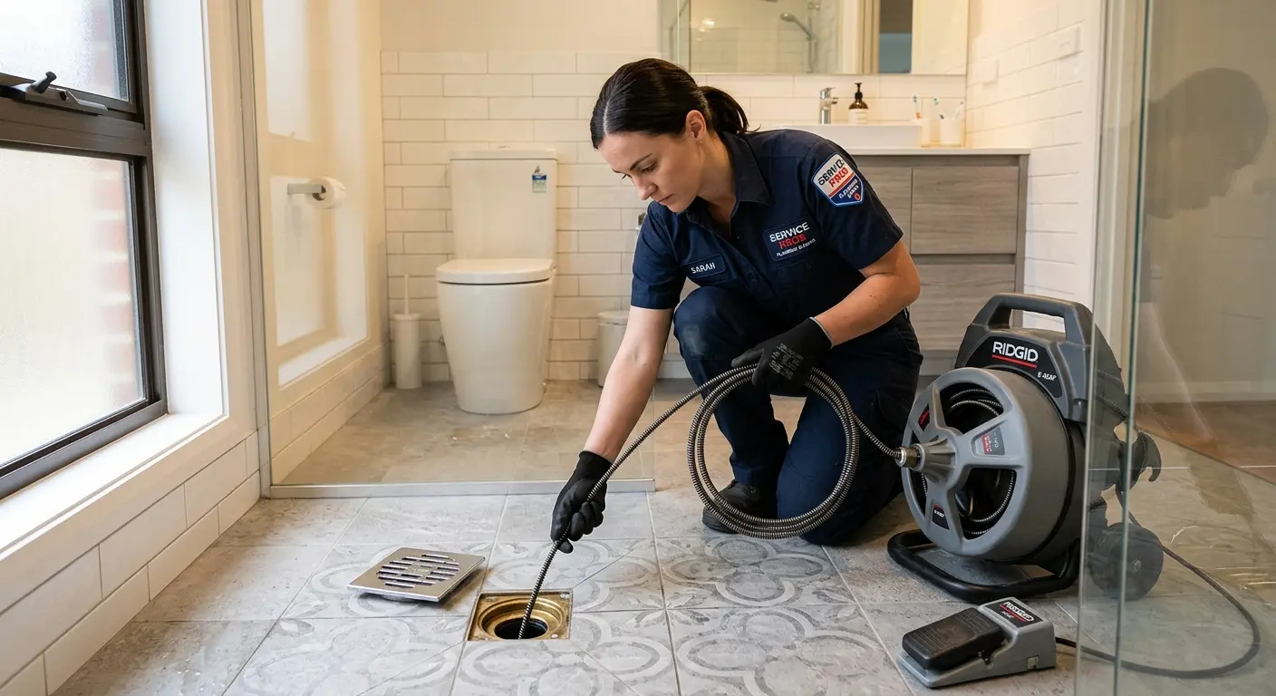 Technician clearing a bathroom floor drain for Sewer Line Replacement in Larchmont